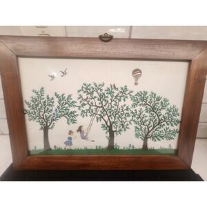 Hand‎ Painted Folk Art Scene Children Swinging With Trees, Birds & Balloon Wood